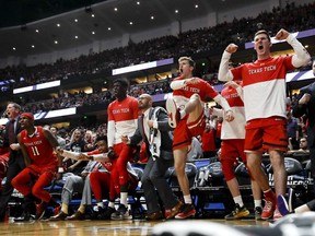 Texas Tech celebrates after the team scored against Gonzaga during the second half of the West Regional final in the NCAA men's college basketball tournament Saturday, March 30, 2019, in Anaheim, Calif.