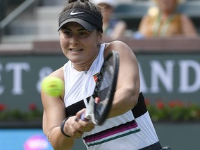 Bianca Andreescu hits a backhand at the BNP Paribas Open on March 6, 2019 in Indian Wells, California. (Kevork Djansezian/Getty Images)