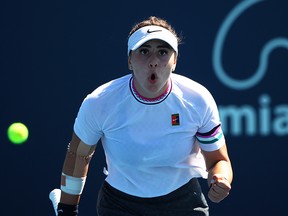 Bianca Andreescu of Canada celebrates winning a game against Sofia Kenin of USA during day five of the Miami Open Tennis on March 22, 2019 in Miami Gardens, Fla.