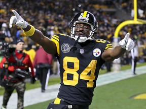 In this Thursday, Nov. 16, 2017 file photo, Pittsburgh Steelers wide receiver Antonio Brown celebrates after he made a touchdown catch against the Tennessee Titans in Pittsburgh.(AP Photo/Keith Srakocic, File)
