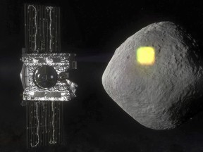 This artist's rendering made available by NASA in July 2016 shows the mapping of the near-Earth asteroid Bennu by the OSIRIS-REx spacecraft. (NASA/Goddard/University of Arizona via AP)