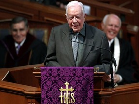 In this March 27, 2018 file photo, former President Jimmy Carter speaks during a funeral service for former and former Georgia Gov. Zell Miller, in Atlanta.