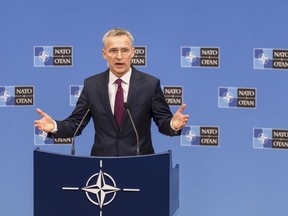 NATO Secretary General Jens Stoltenberg presents the annual report for 2018 during a media conference at NATO headquarters in Brussels, Thursday, March 14, 2019.