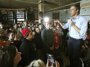 Democratic presidential candidate Beto O'Rourke visits Cargo Coffee during a stop in Madison, Wis., Sunday, March 17, 2019. (Amber Arnold/Wisconsin State Journal via AP)