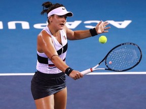 Bianca Andreescu of Canada returns a ball to Sasai Zheng of China during quarterfinal action at the Telcel Mexican Open at Mextenis Stadium in Acapulco, Mexico, on Thursday, Feb. 28, 2019.