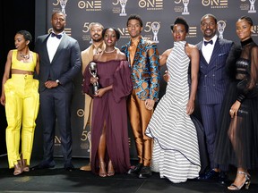 (L-R) Carrie Bernans, Winston Duke, Michael B. Jordan, Lupita Nyong'o, Chadwick Boseman, Danai Gurira, Sterling K. Brown, and Letitia Wright, winners of Outstanding Motion Picture and Outstanding Ensemble Cast in a Motion Picture for "Black Panther," attend the 50th NAACP Image Awards at Dolby Theatre on March 30, 2019 in Hollywood, Calif.