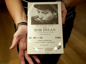In this Thursday, Oct. 13, 2016 photo, a piece from Bob Dylan's first concert in New York is shown in Tulsa, Okla.