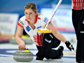 Canada's Rachel Brown throws a stone during a match against Korea at the LGT World Women's Curling Championship in Silkeborg, Denmark, on Saturday, March 16, 2019.