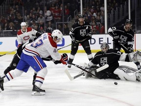 Canadiens newcomer Jordan Weal fires a shot at Kings goaltender Jonathan Quick Tuesday night in Los Angeles. Weal scored the winning goal in his Habs debut.
