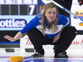Chelsea Carey directs the sweep as they play Quebec at the Scotties Tournament of Hearts at Centre 200 in Sydney, N.S. on Wednesday, Feb. 20, 2019. (THE CANADIAN PRESS/Andrew Vaughan)