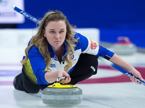 Alberta skip Chelsea Carey delivers a rock as they play Ontario in finals action at the Scotties Tournament of Hearts at Centre 200 in Sydney, N.S. on Sunday, Feb. 24, 2019.