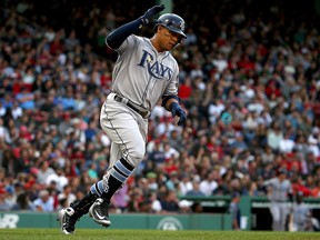 Carlos Gomez of the Tampa Bay Rays celebrates his home run against the Boston Red Sox at Fenway Park on April 28, 2018 in Boston. (Jim Rogash/Getty Images)
