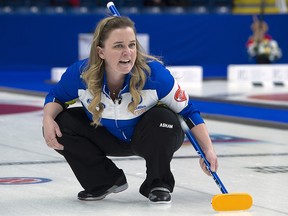 Chelsea Carey directs her sweepers against Ontario at the Scotties Tournament of Hearts at Centre 200 in Sydney, N.S. on Sunday, Feb. 24, 2019. (THE CANADIAN PRESS/Andrew Vaughan)