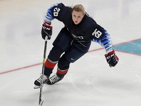 U.S. Women's National Team's Kendall Coyne Schofield skates during the Skills Competition, part of the NHL All-Star weekend, in San Jose, Calif., Friday, Jan. 25, 2019.