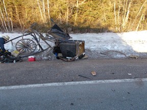 The wreckage of a horse-drawn buggy is shown following a collision with a vehicle near New Perth, P.E.I., in this March 20, 2019 handout photo.