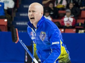 Team Alberta skip Kevin Koe celebrates his win over Team Wild Card during at the Brier in Brandon, Man. Sunday, March 10, 2019.