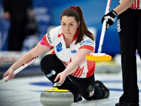 Canada's Dana Ferguson throws a stone against Korea at the LGT World Women's Curling Championship in Silkeborg, Denmark, on Saturday, March 16, 2019.