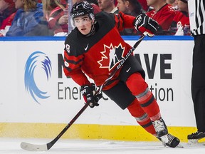 Canada's Dante Fabbro skates against Finland during the IIHF World Junior Championship in Buffalo, N.Y. Tuesday December 26, 2017. (THE CANADIAN PRESS/Mark Blinch)