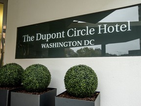 In this Nov. 7, 2015, file photo, the Dupont Circle Hotel in Washington where Mikhail Lesin, a former aide to Russian President Vladimir Putin, was found dead on Nov. 5, 2015. (AP Photo/Andrew Harnik, File)