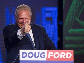 Doug Ford reacts after winning the Ontario Provincial election to become the new premier in Toronto, on Thursday, June 7, 2018.