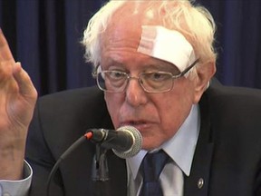 This image from video provided by WCIV-TV, shows Democratic presidential candidate Bernie Sanders speaking at at healthcare roundtable at the International Longshoremen's Association Hall on Friday, March 15 , 2019, in Charleston, S.C. (WCIV via AP)