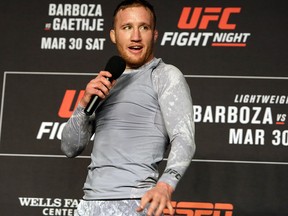 In this Wednesday March 27, 2019, photo, mixed martial arts fighter Justin Gaethje addresses fans after a workout in Philadelphia.