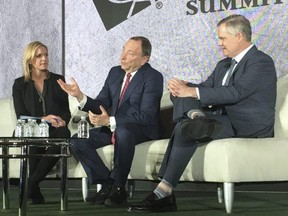 NHL Commissioner Gary Bettman, centre, speaks as part of a panel on sports betting at an event organized by the American Gaming Association, Thursday, March 28, 2019, in Oxon Hill, Md.