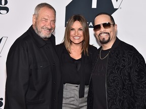 Dick Wolf, left, Mariska Hargitay, centre, and Ice-T attend the "Law & Order: SVU" 20th Anniversary Celebration the 2018 Tribeca TV Festival at Spring Studios on Sept. 20, 2018 in New York City.  (Theo Wargo/Getty Images for Tribeca TV)