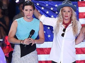 USWNT soccer players Ali Krieger, left, and Ashlyn Harris speak onstage at the Nickelodeon Kids' Choice Sports Awards 2015 at UCLA's Pauley Pavilion on July 16, 2015 in Westwood, California.  (Kevin Winter/Getty Images)