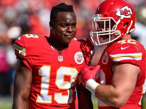 Kansas City Chiefs wide receiver Jeremy Maclin, left, and teammate Anthony Sherman talk during a play review at Arrowhead Stadium during the fourth quarter of the game against the New Orleans Saints on Oct. 23, 2016 in Kansas City, Miss. (Jason Hanna/Getty Images)