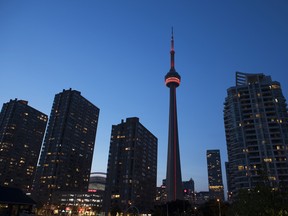 A view of the CN Tower is seen on September 17, 2017, in Toronto, Ontario.