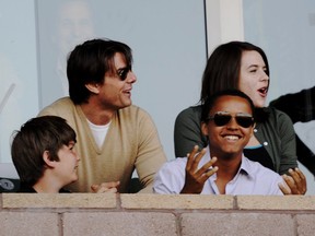 In this July 19, 2009 file photo, actor Tom Cruise, son Connor, lower right, and daughter Isabella react to a missed goal by the Los Angeles Galaxy during the MLS game against AC Milan at The Home Depot Center in Carson, Calif. (Kevork Djansezian/Getty Images)