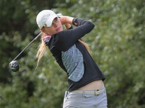 Maude-Aimee Leblanc, of Canada, watches her tee shot on the 18th hole at the 2016 Manulife LPGA Classic in Cambridge, Ont., on Thursday, Sept. 1, 2016.