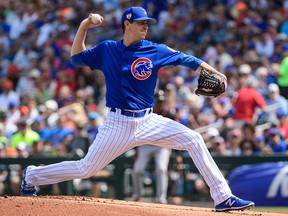 Kyle Hendricks of the Chicago Cubs delivers a pitch during the spring training game against the San Francisco Giants at Sloan Park on March 21, 2019 in Mesa, Ariz.
