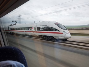 A high-speed ICE train travels on the newly-completed stretch between Erfurt and Leipzig on December 9, 2015 near Erfurt, Germany. (Jens Schlueter/Pool/Getty Images)