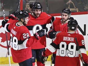 Ottawa Senators defenceman Christian Wolanin (86) celebrates his goal against the St. Louis Blues during the second period on Thursday, March 14, 2019 at the CTC.