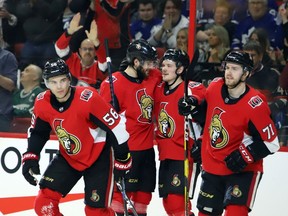 Ottawa Senators left-winger Magnus Paajarvi (56) celebrates his goal with teammates during the second period against the Toronto Maple Leafs at the CTC on Saturday, March 16, 2019.