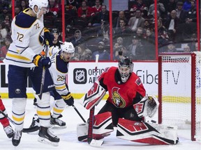 Ottawa Senators goaltender Craig Anderson (41) makes a save during the second period on his way to a 4-0 shutout against the Buffalo Sabres in NHL hockey action in Ottawa on Tuesday, March 26, 2019.