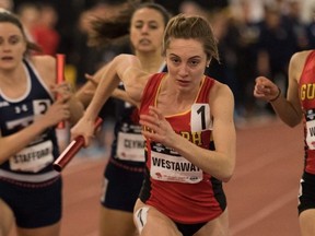 Jenna Westaway during relay action at the 2019 OUA indoor championships.