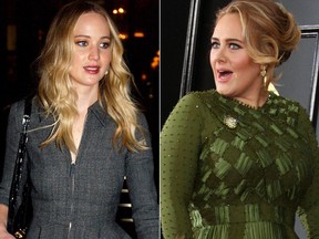 Actress Jennifer Lawrence, left, and singer Adele, right.