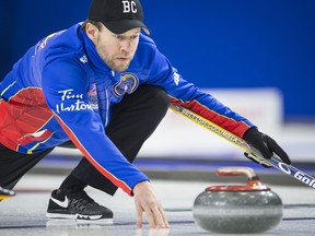Team British Columbia skip Jim Cotter during the fourth draw against team Nunavut at the Brier in Brandon, Man. Sunday, March, 3, 2019. THE CANADIAN PRESS/Jonathan Hayward