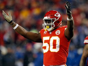 In this Jan. 12, 2019, file photo, Kansas City Chiefs linebacker Justin Houston celebrates during the second half of an NFL divisional playoff game against the Indianapolis Colts in Kansas City, Mo.