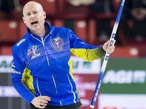Team Alberta skip Kevin Koe reacts to his shot during the final draw against Team Wild Card at the Brier in Brandon, Man. Sunday, March 10, 2019. (THE CANADIAN PRESS/Jonathan Hayward)