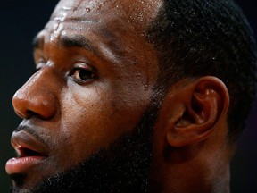 LeBron James of the Los Angeles Lakers warms up prior to the game against the Washington Wizards at Staples Center on March 26, 2019 in Los Angeles.