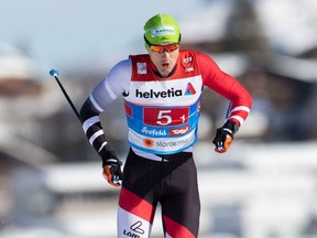 Picture taken on Feb. 24, 2019 shows Austrian cross-country skier Max Hauke during the qualifications for the Men's Team  Sprint event at the FIS Nordic World Ski Championships in Seefeld, Austria.