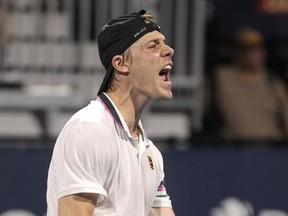 Denis Shapovalov, of Canada, reacts after defeating Stefanos Tsitsipas, of Greece,4-6, 6-3, 7-6(3) during the Miami Open tennis tournament, Wednesday, March 27, 2019, in Miami Gardens, Fla.