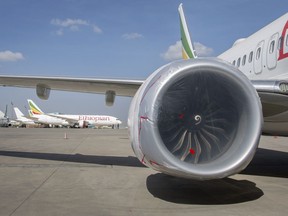 Other Ethiopian Airlines aircraft are seen in the distance behind an Ethiopian Airlines Boeing 737 Max 8 as it sits grounded at Bole International Airport in Addis Ababa, Ethiopia Saturday, March 23, 2019.