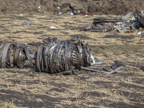 In this March 11, 2019, file photo airplane parts lie on the ground at the scene of an Ethiopian Airlines flight crash near Bishoftu, Ethiopia.