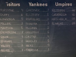 In this Aug. 12, 2016, file photo, the lineups are written on a board in the press level before Alex Rodriguez played in his final game as a Yankee player at Yankee Stadium in New York.