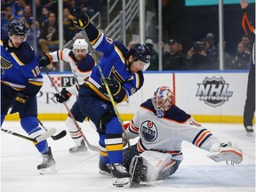Edmonton Oilers' goalie Mikko Koskinen, of Finland, makes a save against St. Louis Blues' Alexander Steen during the second period of an NHL hockey game Tuesday, March 19, 2019 in St. Louis.